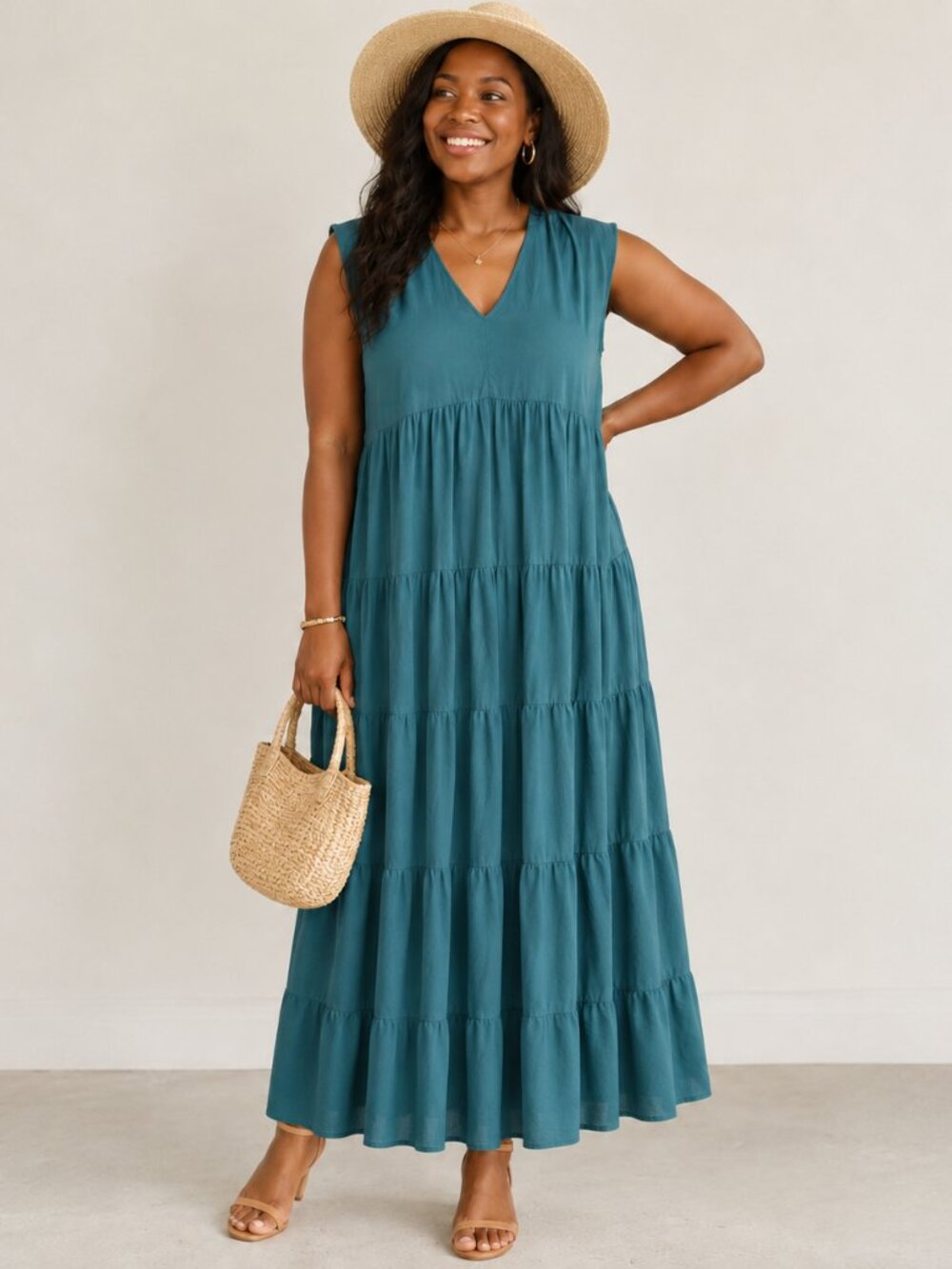 Merlette Teal V Neck Boho Sleeveless Swing Cotton Tiered Maxi Sundress Sz M
